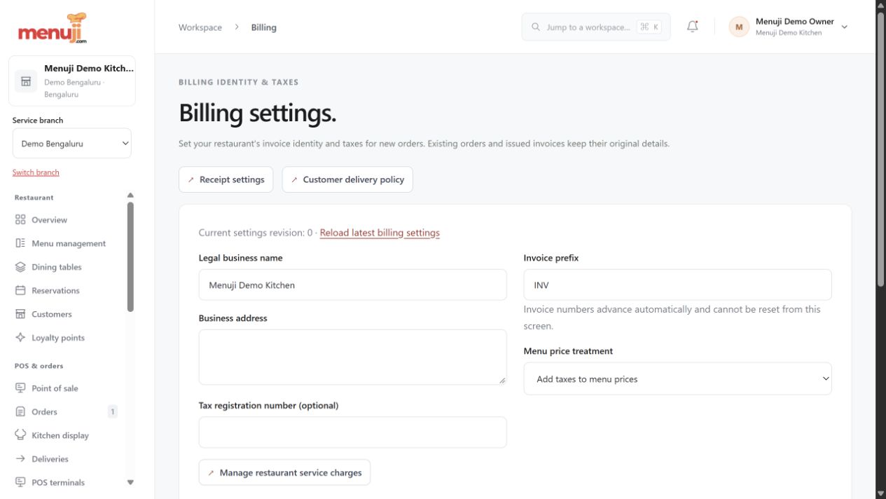 Restaurant billing and tax settings