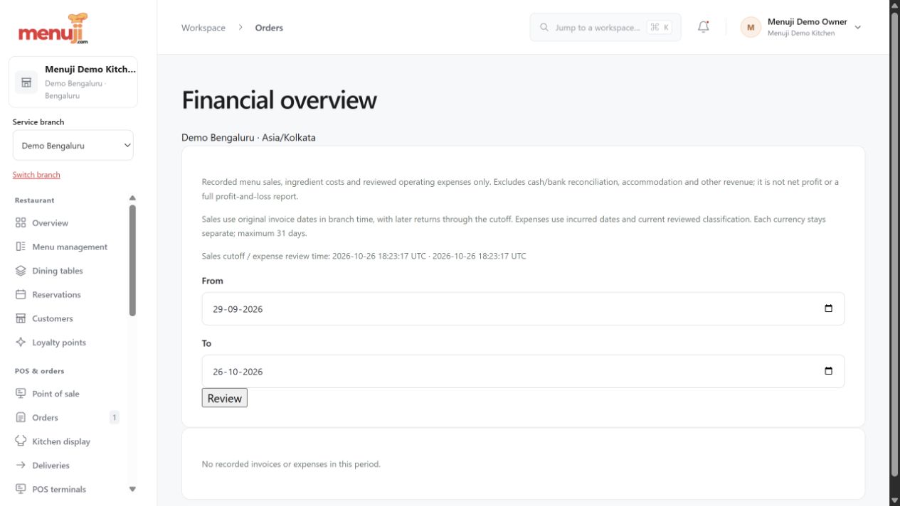 Financial overview & exports — Menuji Demo Kitchen screenshot