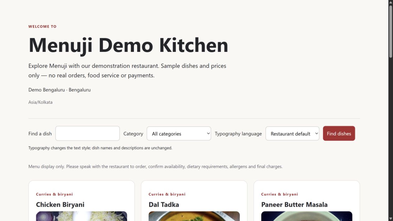 Restaurant website & QR menu — Menuji Demo Kitchen screenshot