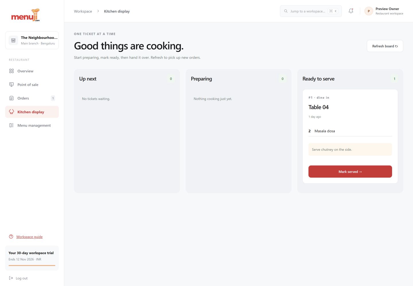 Actual Menuji Kitchen display interface with sample data