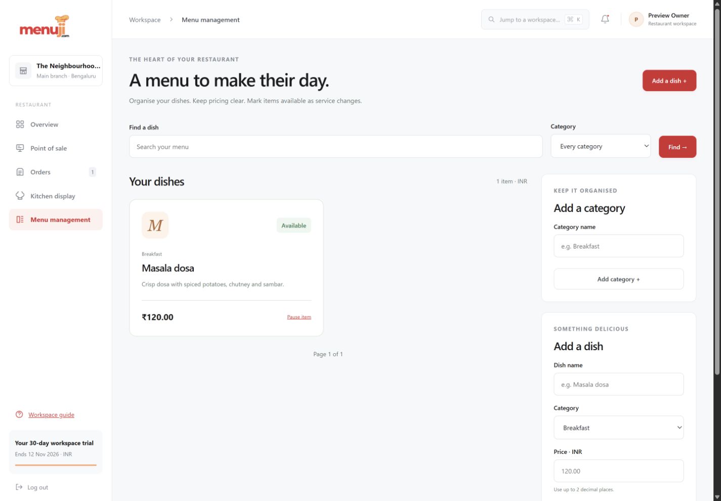 Actual Menuji Menu management interface with sample data