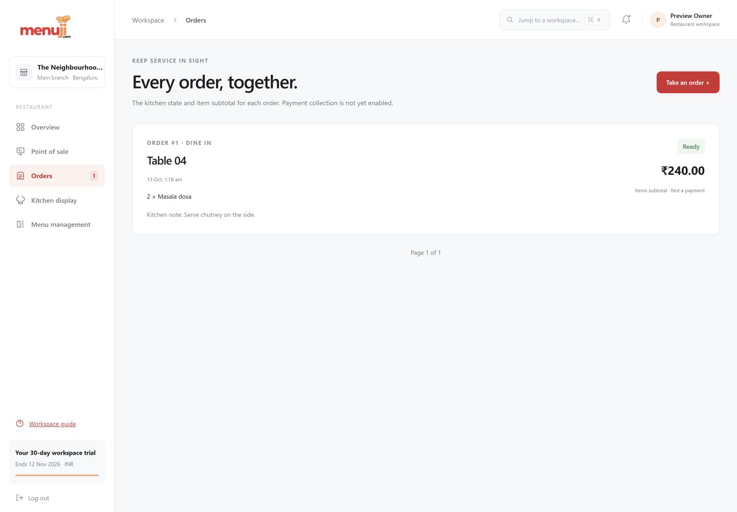 Actual Menuji Order history interface with sample data