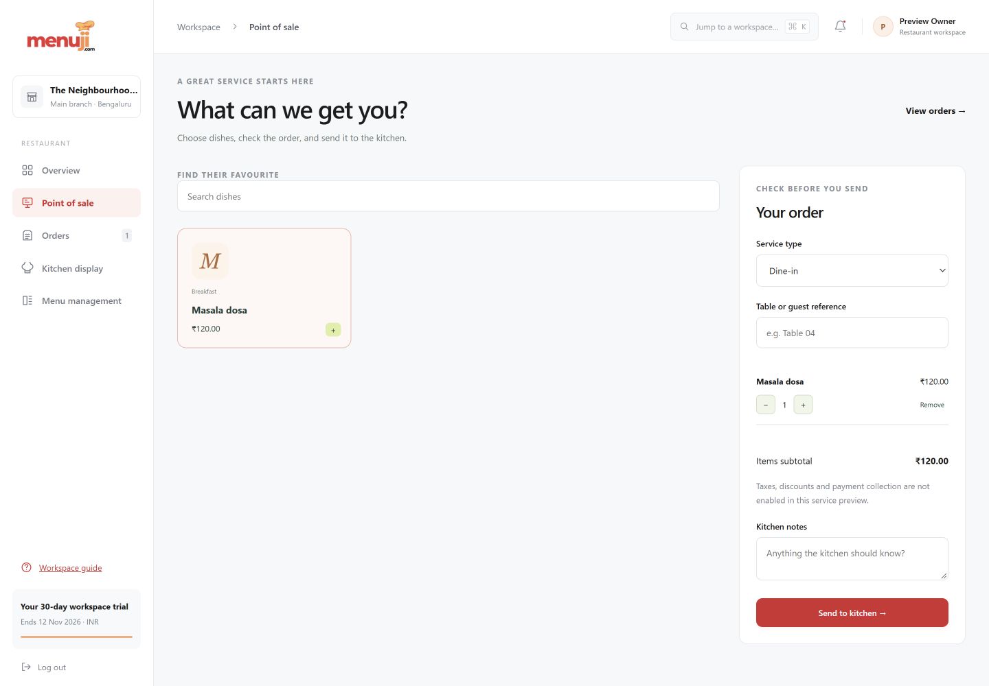 Actual Menuji Restaurant POS interface with sample data